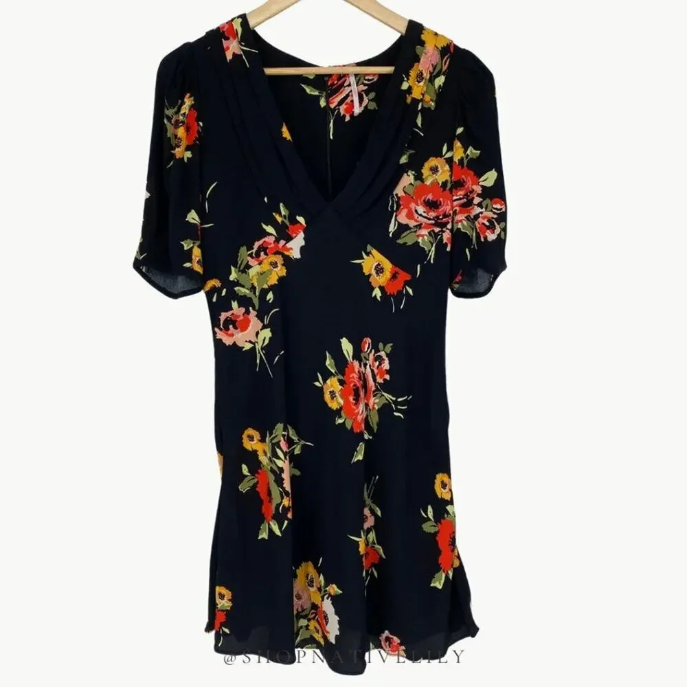 Free People Neon Garden Floral Mini Dress Size 4 Boho Puff Sleeve